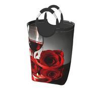Square 50l Foldable Laundry Hamper - Waterproof Canvas Basket Red Rose And Wine Romantic Lovers Print Dirty Clothes Storage Bag With Handles For Laundry Room, Dorm, Bedroom