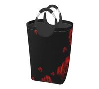 Square 50l Foldable Laundry Hamper - Waterproof Canvas Basket Red Rose Black Background Print Dirty Clothes Storage Bag With Handles For Laundry Room, Dorm, Bedroom