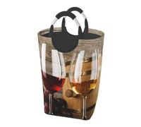Square 50l Foldable Laundry Hamper - Waterproof Canvas Basket Red Wine Galsses & Grapes With Wooden Print Dirty Clothes Storage Bag With Handles For Laundry Room, Dorm, Bedroom