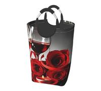 Square 50l Foldable Laundry Hamper - Waterproof Canvas Basket Red Wine Rose And Candle Print Dirty Clothes Storage Bag With Handles For Laundry Room, Dorm, Bedroom