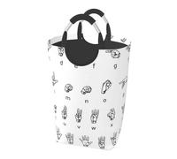 Square 50l Foldable Laundry Hamper - Waterproof Canvas Basket Sign Language Alphabet Print Dirty Clothes Storage Bag With Handles For Laundry Room, Dorm, Bedroom