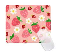 Square Aesthetic Cute Pink Mouse Pad,Office Home Mouse Mat Design,Waterproof Mousepad,Non-Slip Rubber Base Computer Mouse Pads for Wireless Mouse,Pink Strawberries and Flowers