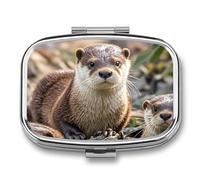 Square Animal Cute Brown Otters Pill Organizer Pill Box 3 Compartment Portable Travel Medicine Case Daily Mini Compact Medicine Container Storage Vitamin Supplement Dispenser
