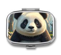 Square Anime Panda Pill Box Small Pill Case with 2 Compartment Portable Metal Medicine Organizer Mini Travel Medicine Vitamin Supplement Container for Pocket Purse