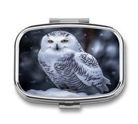 Square Arctic Owl Pill Box Small Pill Case with 2 Compartment Portable Metal Medicine Organizer Mini Travel Medicine Vitamin Supplement Container for Pocket Purse