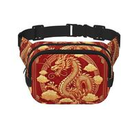 Square Asian-Dragon-Fire-Golden Double-Layer Sport Fanny Pack Waist Pack Large Crossbody Waist Bag for Running Travel Walking