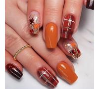 Square Autumn Acrylic False Nails With Glitters And Maple Leaves Full Covers Press On Nails 24Pcs For Women