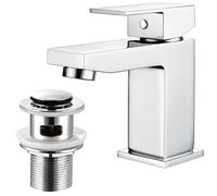 Square Basin Mixer Tap with Pop Up Waste， Mono Chrome Bathroom Sink Taps | Single Lever Basin Taps Mixer, Heavy-Duty Brass Build, Matching Slotted Waste, Fits Cloakroom and Washbasin