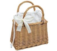 Square Basket Purse with Bow, Top Handle Rattan Bag with Cloth Lining, Woven Straw Purse, Boho Style Wicker, 9.5x5.1x6.3 Inch Summer Handbag
