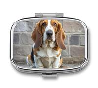 Square Basset Hound Pill Box Small Pill Case with 2 Compartment Portable Metal Medicine Organizer Mini Travel Medicine Vitamin Supplement Container for Pocket Purse
