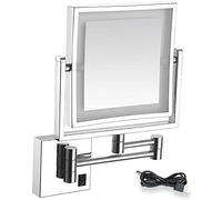 Square Bathroom Mirror Shaving Mirrors Make Up Wall Mounted USB Rechargeable LED Illuminated Mirror 3X Magnifying Simply and Luxury Decorate for Hotel Vanity Two Swivel (Chrome)