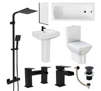 Square Bathroom Suite Matt Black 1700mm Bath, Toilet, Pedestal basin, Tap,Shower