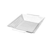 Square Bbq Grill Pan with Holes Stainless Steel for Small Foods | Polished Edges, Double Handles, Even Pore Distribution, Charcoal Grill Use, Household Grilling, Silver Finish
