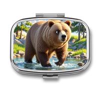 Square Bear Crossing The River Pill Box Small Pill Case with 2 Compartment Portable Metal Medicine Organizer Mini Travel Medicine Vitamin Supplement Container for Pocket Purse