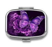 Square Beautiful Purple Butterfly Floral Pill Box Small Pill Case with 2 Compartment Portable Metal Medicine Organizer Mini Travel Medicine Vitamin Supplement Container for Pocket Purse