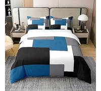 Square Bedding for Boys Girls,Blue Grey White Black 100% Cotton Duvet Cover,Geometric Grid Lines Stripes Patchwork Comforter Cover Double,Modern Graphic Bed Sets with 2 Pillowcases Bedroom Decor