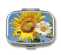 Square Bees Sunflowers Daisy Rose Flowers Pill Box Small Pill Case with 2 Compartment Portable Metal Medicine Organizer Mini Travel Medicine Vitamin Supplement Container for Pocket Purse