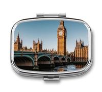 Square Big Ben Pill Box Small Pill Case with 2 Compartment Portable Metal Medicine Organizer Mini Travel Medicine Vitamin Supplement Container for Pocket Purse
