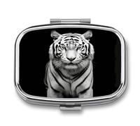 Square Black and White Tiger Pill Box Small Pill Case with 2 Compartment Portable Metal Medicine Organizer Mini Travel Medicine Vitamin Supplement Container for Pocket Purse