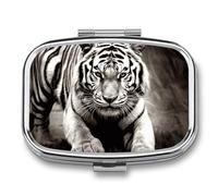 Square Black and White Tiger Pill Box Small Pill Case with 2 Compartment Portable Metal Medicine Organizer Mini Travel Medicine Vitamin Supplement Container for Pocket Purse