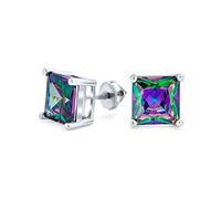 Square Black Mystic Rainbow Princess Cut Cubic Zirconia CZ Stud Earrings .925 Sterling Silver Screw Back 6MM