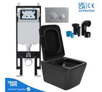 Square Black Wall Hung Toilet Pan With Viva Slim Concealed Cistern Frame 1.14-1.35M & Chrome Flush Plate