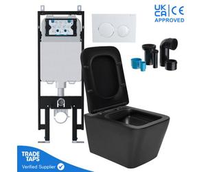 Square Black Wall Hung Toilet Pan With Viva Slim Concealed Cistern Frame 1.14-1.35M & Gloss White Flush Plate