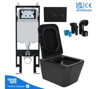 Square Black Wall Hung Toilet Pan With Viva Slim Concealed Cistern Frame 1.14-1.35M & Matt Black Flush Plate