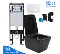 Square Black Wall Hung Toilet Pan With Viva Slim Concealed Cistern Frame 1.14-1.35M & Square Gloss White Flush Plate