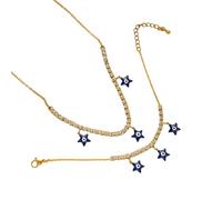 Square Blue Enamel Star Fringe Necklace Bracelet Set for Women Minimalist Jewelry Boho-Chic Accessories