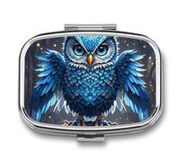 Square Blue Owl Pill Box Small Pill Case with 2 Compartment Portable Metal Medicine Organizer Mini Travel Medicine Vitamin Supplement Container for Pocket Purse