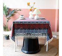 Square Bohemia Tablecloth, Exotic Boho Diamond Gingham Table Cloth 60x60cm, Geometric Striped Fabric Table Cover with Tassels for Kitchen Dining Tea Coffee Table (Red, 24x24 Inch)