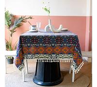 Square Bohemia Tablecloth, Exotic Boho Diamond Gingham Table Cloth, Geometric Striped Fabric Table Cover with Tassels for Kitchen Dining Tea Coffee Table (Orange, 35x35 Inch)
