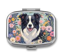 Square Border Collie Florals Pill Box Small Pill Case with 2 Compartment Portable Metal Medicine Organizer Mini Travel Medicine Vitamin Supplement Container for Pocket Purse