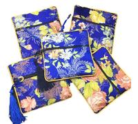 Square Bright Flower Silk Brocade Jewelry Pouch Zipper Small Bags China Coin Purses Gift Packaging Bag, blue (5pcs)