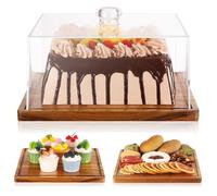 Square Cake Stand，Acacia Wood Cake Holder with Dome，Square Dessert Stand with Acrylic Lid Cover,Wood Pie Cheese Display Plate Holder Platter with Cover，Party Birthday Wedding House Warming Gifts