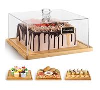 Square Cake Stand，Clear Cake Holder with Dome，Dessert Stand with Acrylic Cover,Bamboo Cheese Pie Display Plate Holder Serving Platter with Lid，Party Wedding Birthday Charcuterie Board with Lid