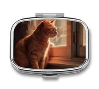 Square Cat Sitting on Windowsill Pill Box Small Pill Case with 2 Compartment Portable Metal Medicine Organizer Mini Travel Medicine Vitamin Supplement Container for Pocket Purse