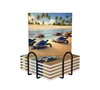 Square Ceramic Coaster Set of 6 turtles on the beach Prints : Non-slip cork bottom Fits all Coffee Cups Sports Cups and Mugs ​
