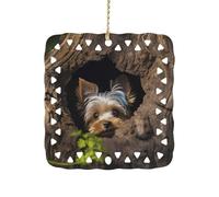 Square Ceramic Hanging Ornament A Little Yorkshire Terrier Nestled in A Tree Hole 3 Inch Single Sided Hanging Decoration Durable Smooth Keepsake Ornament for Home Decor Holiday Decoration Meaningful G