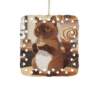 Square Ceramic Hanging Ornament Coffee Cat 3 Inch Single Sided Hanging Decoration Durable Smooth Keepsake Ornament for Home Decor Holiday Decoration Meaningful Gifting