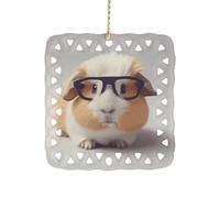 Square Ceramic Hanging Ornament Guinea Pig with Glasses 3 Inch Single Sided Hanging Decoration Durable Smooth Keepsake Ornament for Home Decor Holiday Decoration Meaningful Gifting