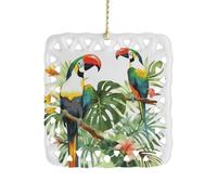 Square Ceramic Hanging Ornament Toucans Parrot Palm Tree Leaves 3 Inch Single Sided Hanging Decoration Durable Smooth Keepsake Ornament for Home Decor Holiday Decoration Meaningful Gifting