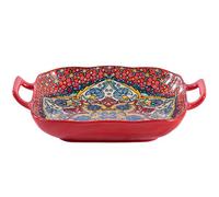 Square Ceramic Serving Platter with Handles, Bohemian Ceramic Plate Baking Tray, Colorful Salad Fruit Dish for Pasta, Snack, Appetizer, Dessert, Dishwasher Microwave Safe, red-9 inches