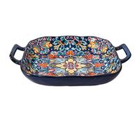 Square Ceramic Serving Platter with Handles, Bohemian Ceramic Plate Baking Tray, Colorful Salad Fruit Dish for Pasta, Snack, Appetizer, Dessert, Dishwasher Microwave Safe, deep Blue-9 inches