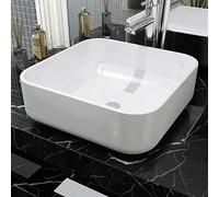 Square Ceramic Wash Basin, White, 39 x 39 x 13.5 cm, Glazed, Modern Countertop Basin for Bathroom and Guest Toilet