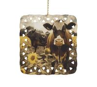 Square Ceramics Christmas Ornament Pendant, Personalized 3D Animal Brown Cow Xmas Tree Ornaments with Gold String, Hanging Ornament for Home Ornaments, New Year, Holiday Decoration