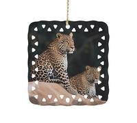 Square Ceramics Christmas Ornament Pendant, Personalized African Leopard on Rock Xmas Tree Ornaments with Gold String, Hanging Ornament for Home Ornaments, New Year, Holiday Decoration
