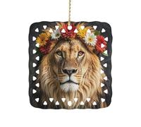 Square Ceramics Christmas Ornament Pendant, Personalized African Lion Wearing A Flower on Its Head Xmas Tree Ornaments with Gold String, Hanging Ornament for Home Ornaments, New Year, Holiday Decorati
