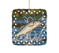 Square Ceramics Christmas Ornament Pendant, Personalized Big Mouth Bass Bites Bait Xmas Tree Ornaments with Gold String, Hanging Ornament for Home Ornaments, New Year, Holiday Decoration
